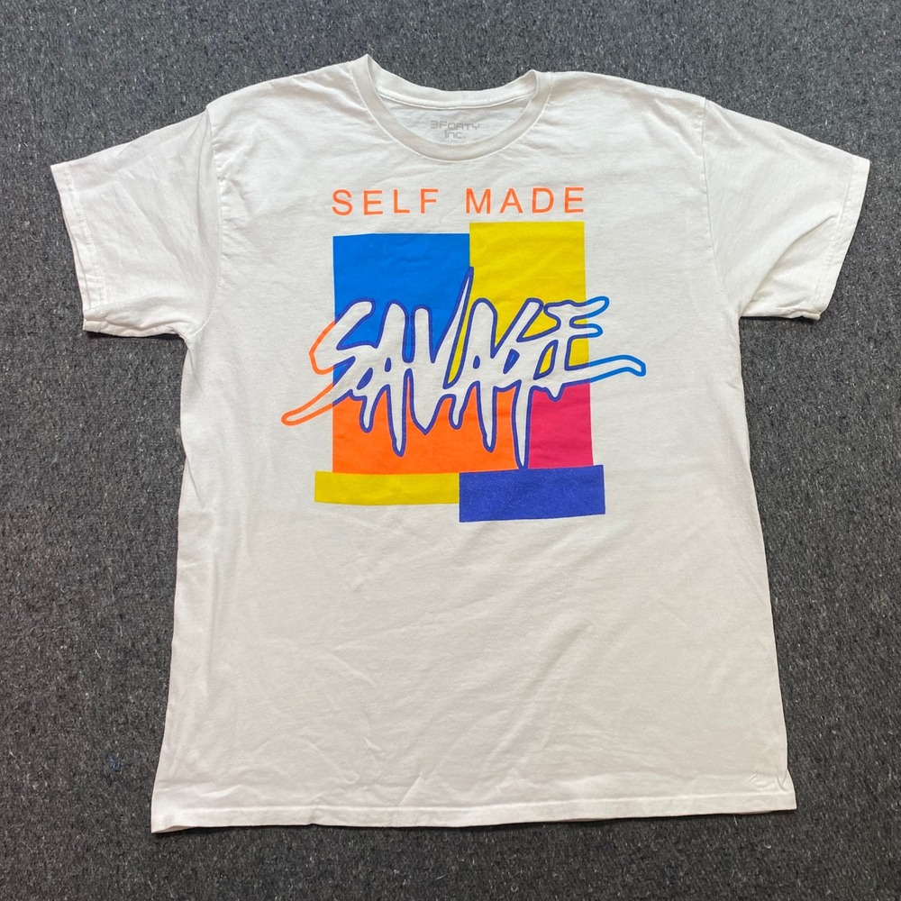 3Forty Inc Savage Self Made TShirt Sz L Mens White Streetwear Graphic Print Tee